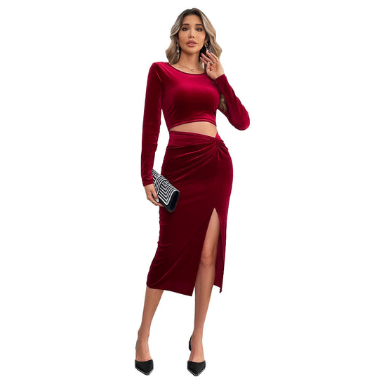 Damen elegantes Samt-Zweiteiler-Set mit langärmeligem Crop-Top, tailliertem Midirock und seitlichem Beinschlitz Eichborn Berlin