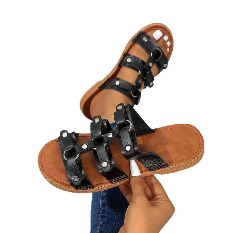 Damen modische Riemchensandalen mit goldenen Schnallen EB