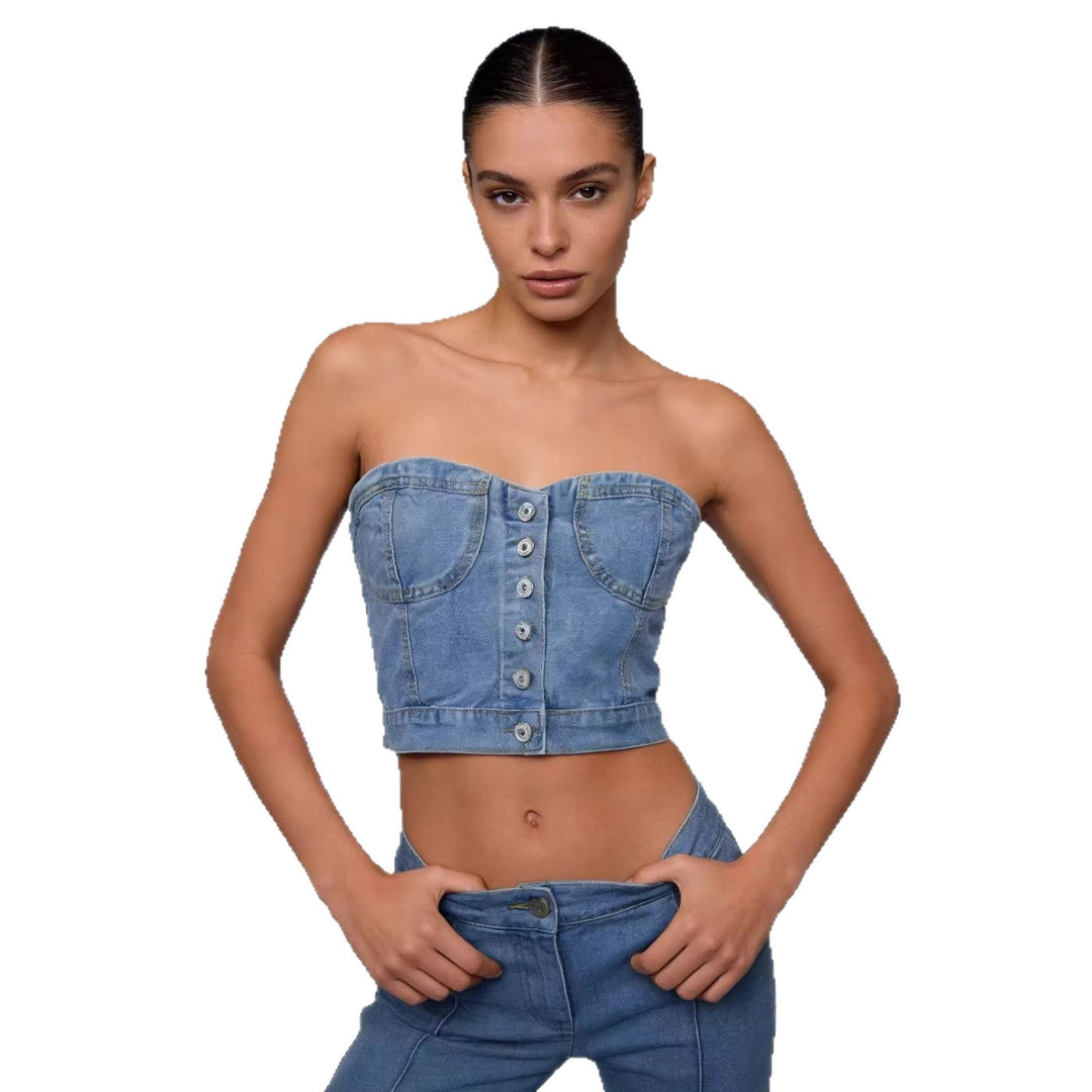 Damen Denim Bustier-Oberteil mit Knopfdetails und tailliertem Schnitt EB