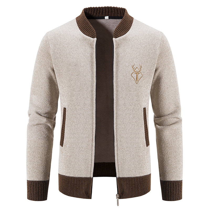 Herren nan lässiger Zip-Strickblouson mit weichem Thermofutter, geripptem Stehkragen und Hirsch-Logo EB