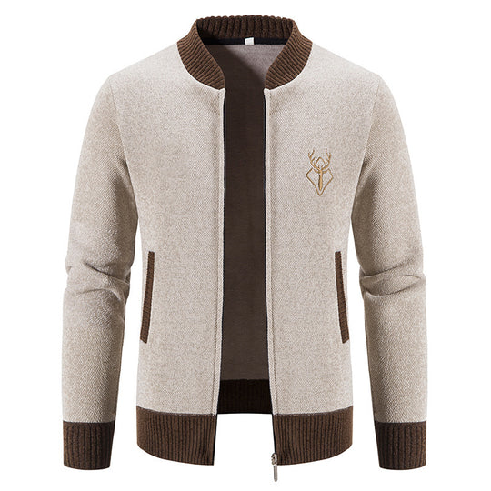 Herren nan lässiger Zip-Strickblouson mit weichem Thermofutter, geripptem Stehkragen und Hirsch-Logo EB