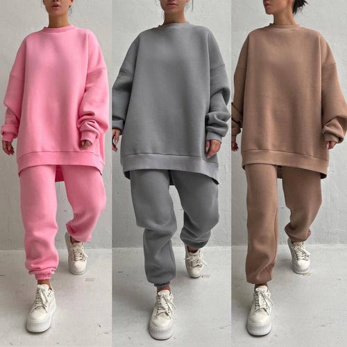 Damen Oversized Freizeit-Loungewear-Anzug mit hohem Kragen und elastischem Bund EB