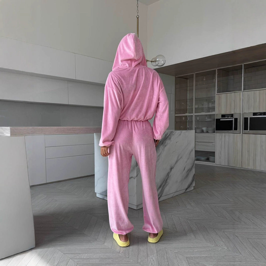 Damen weiches Velours Lounge-Set mit Kapuzenjacke, Reißverschluss und weiten Komforthosen Eichborn Berlin