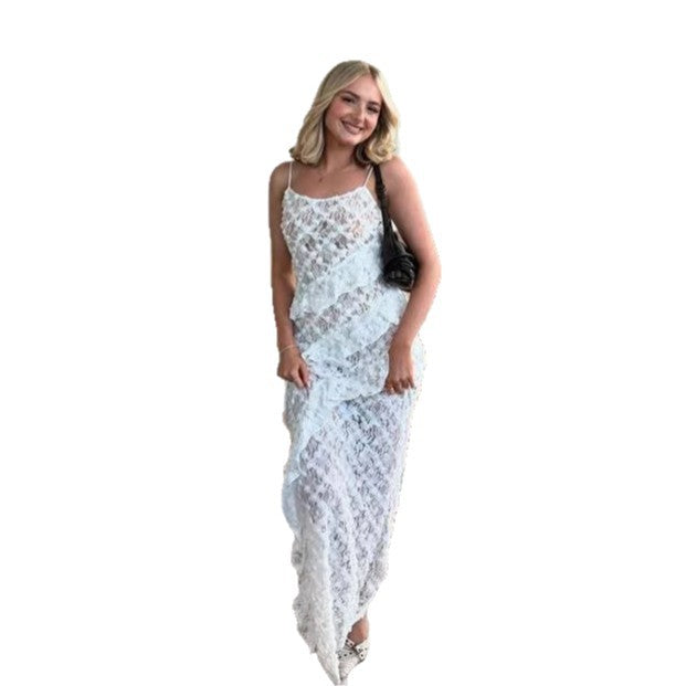 Damen Elegantes Spitzen-Maxikleid mit asymmetrischen Drapierungen EB