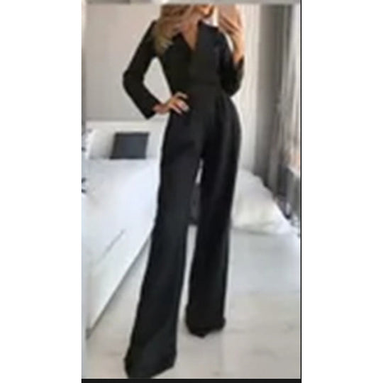 Damen eleganter Jumpsuit mit langem Bein und klassischem Schauspielkragen EB
