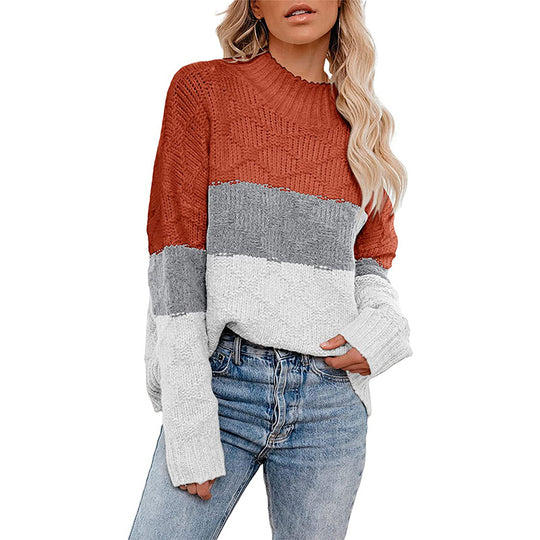 Damen farbenfroher Strickpullover mit strukturiertem Muster und hohem Kragen EB