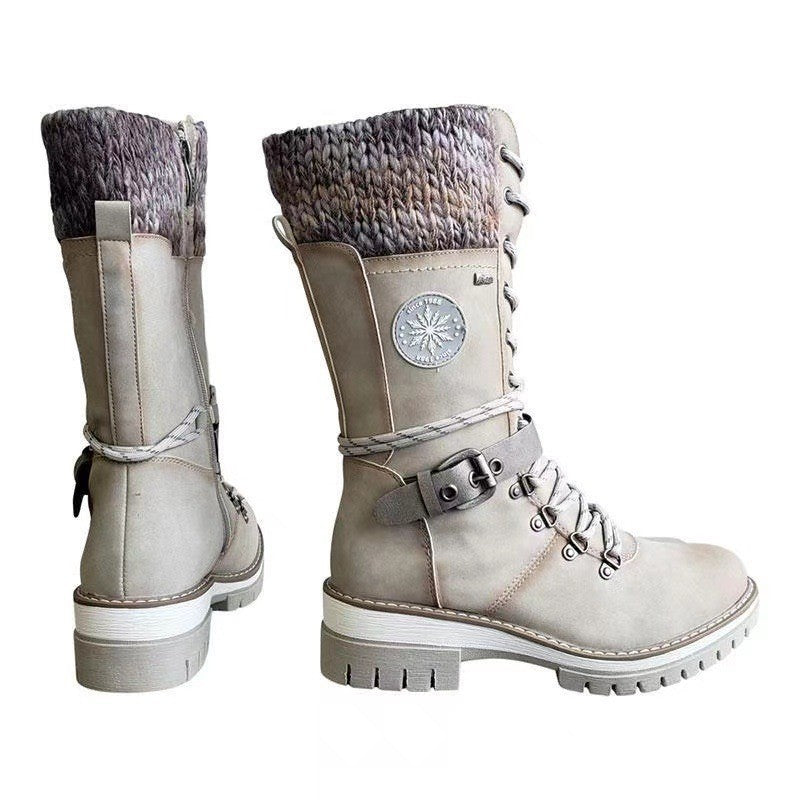 Damen nan gefütterte Schnürstiefel mit gestricktem Schaftbund, dekorativem Schnallenriemen und profilierter Gummisohle EB