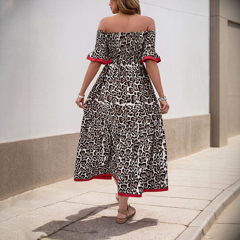 Damen Off-Shoulder Maxikleid mit tierischem Muster und Rüschendetails EB