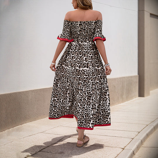 Damen Off-Shoulder Maxikleid mit tierischem Muster und Rüschendetails EB