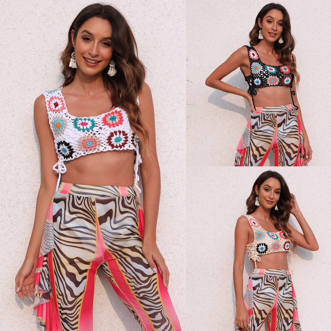 Damen gehäkeltes Crop-Top mit bunten Blumenmotiven EB