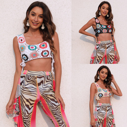 Damen gehäkeltes Crop-Top mit bunten Blumenmotiven EB