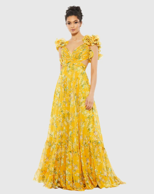 Damen Maxi-Kleid mit floralen Rüschen und schwingendem Design EB