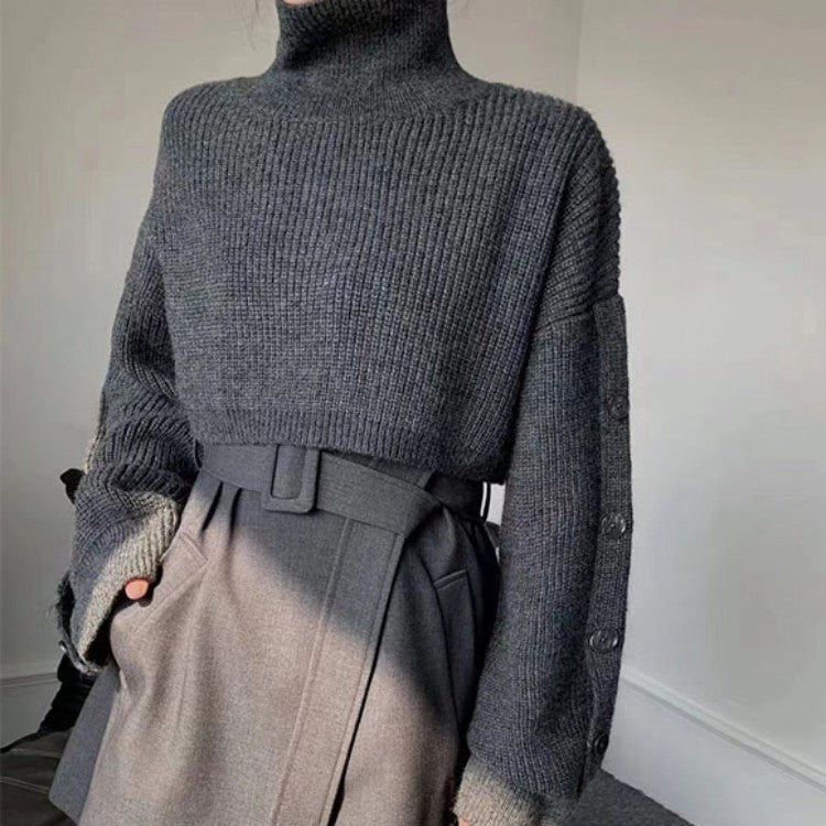 Damen Kurzgeschnittener Rollkragen-Bolero-Überwurf mit langen Ärmelknöpfen EB