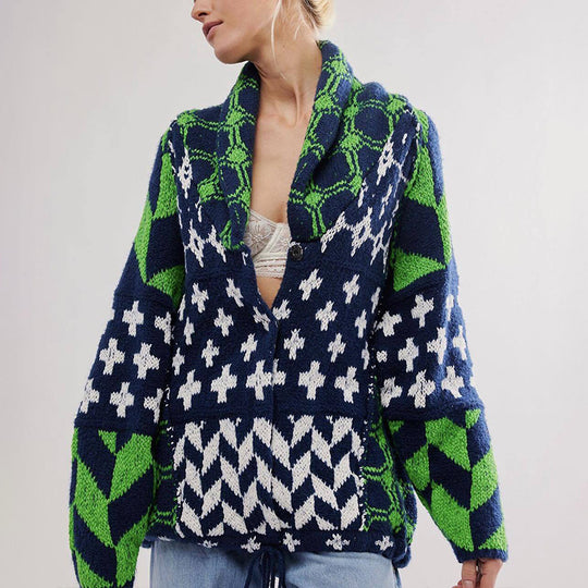Damen Oversized Strickjacke mit Schalkragen und grafischem Muster EB