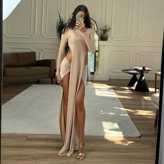 Damen Elegantes Maxikleid mit raffinierten Seitenschlitzen und langen Ärmeln EB