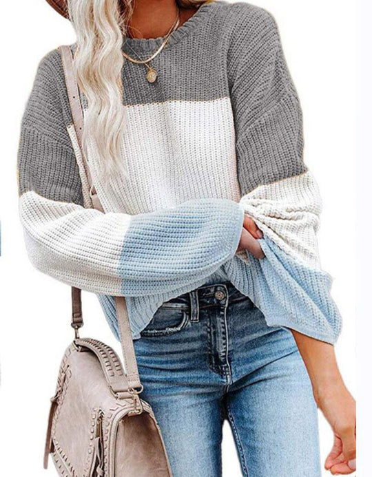 Damen modischer Strickpullover mit farbigem Blockdesign und weitem Schnitt EB