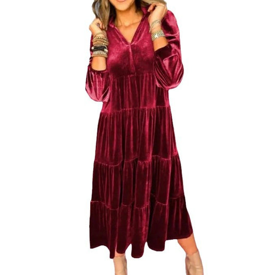 Damen elegantes Maxikleid aus samtigem Material mit großzügigen Rüschendetails EB