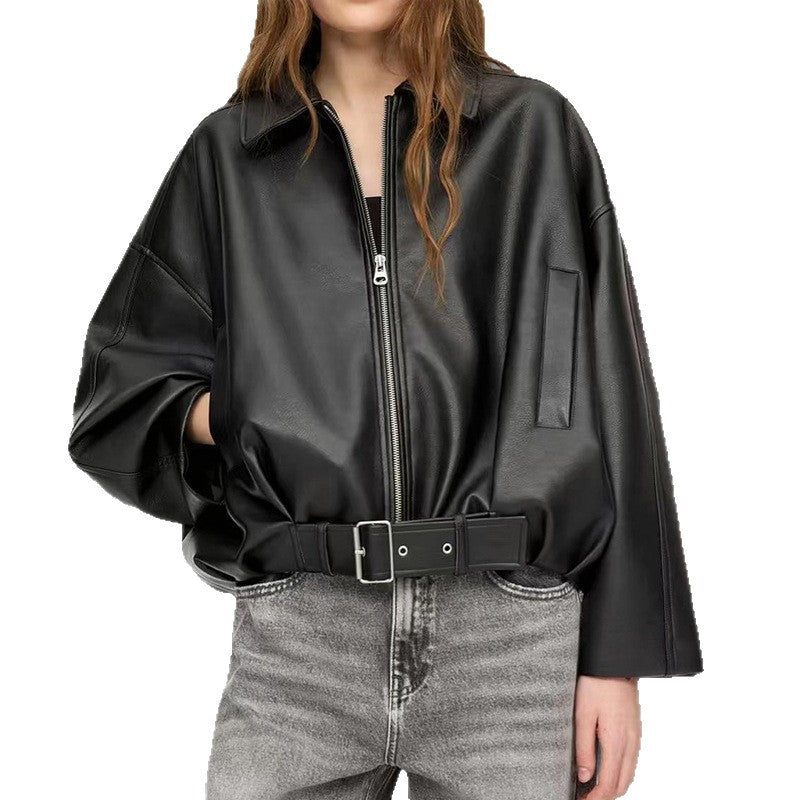 Damen Oversized Kunstlederjacke mit flauen Schultern und praktischen Druckknöpfen EB