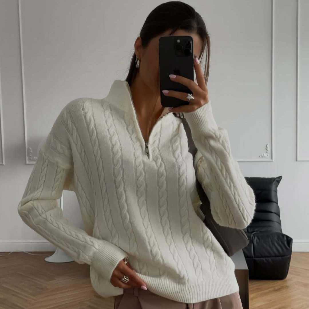 Damen Strickpullover mit modernem Zipper und Rippstrickdetails EB