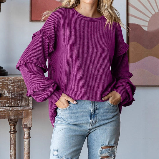 Damen Pullover mit Rüschendetails und farbenfrohem Strukturdesign EB