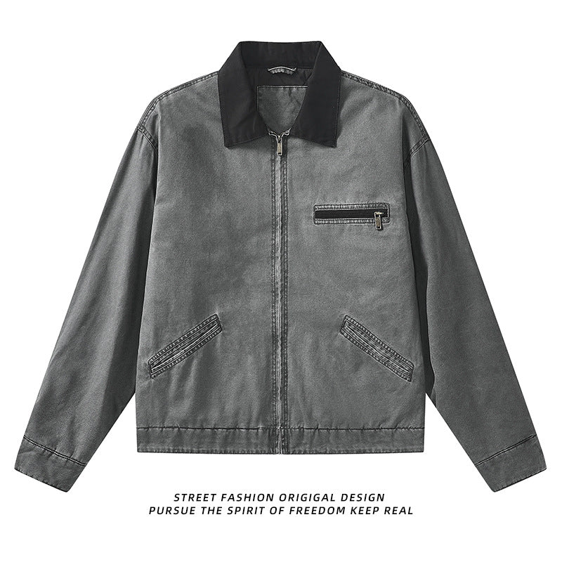 Men's  vintage-inspired zip-front workwear jacket with contrast collar and angled welt pockets EB