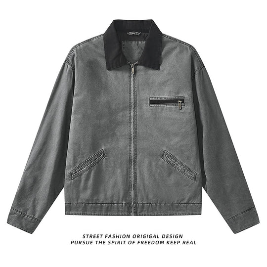 Men's  vintage-inspired zip-front workwear jacket with contrast collar and angled welt pockets EB