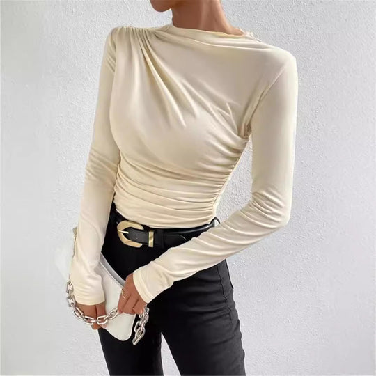 Damen nan gerafftes Langarmshirt mit asymmetrischem U-Boot-Ausschnitt und figurbetonter Silhouette EB
