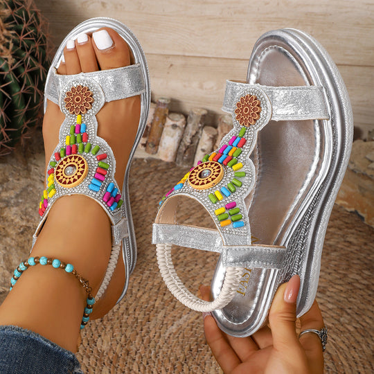Damen Wedge-Sandalen mit bunten Perlen-Detail und rutschfester Sohle EB