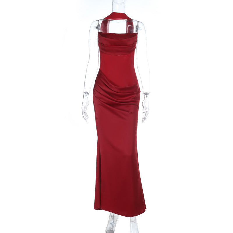 Damen elegantes Maxikleid mit raffiniertem Wasserfallausschnitt und figurbetontem Schnitt EB