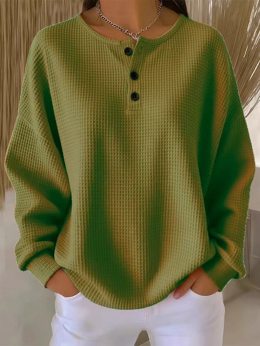 Damen nan Oversized Waffelstrick Henley-Pullover mit Knopfleiste und abgerundetem Saum EB