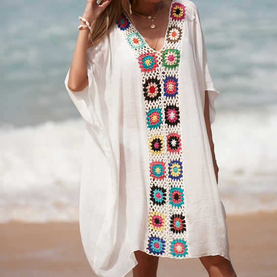 Damen Häkel-Strandtunika im lässigen Oversize-Stil mit bunten Applikationen EB