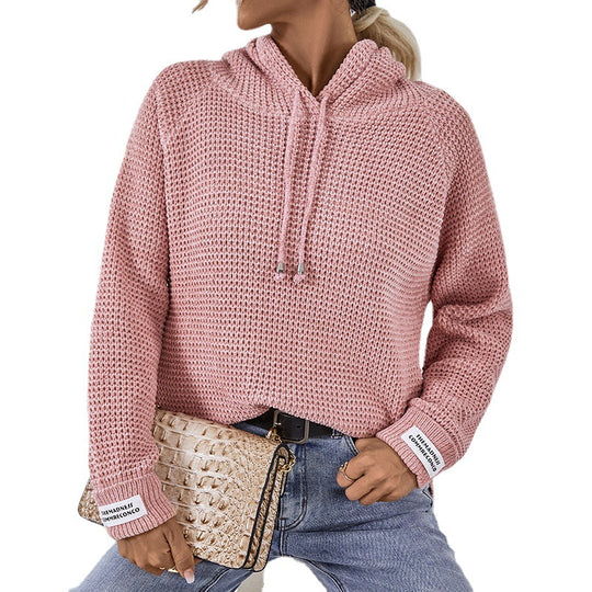 Damen bequemer Kapuzenpullover mit strukturiertem Strickmuster und seitlichen Schlitzen EB