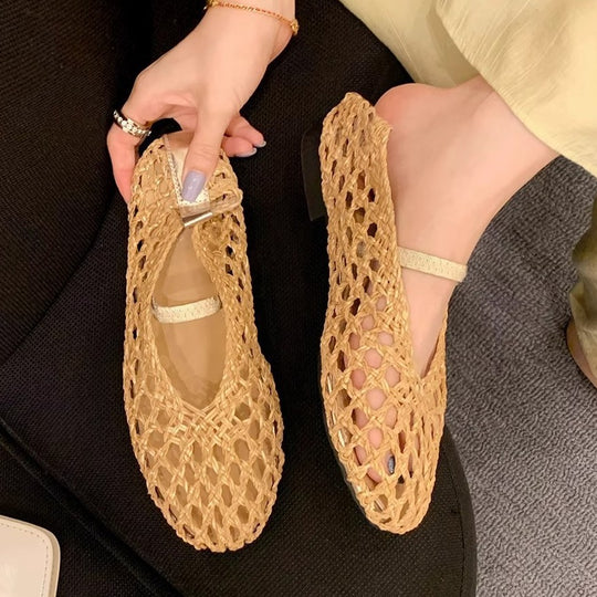 Damen Ballerina-Sandalen mit luftiger Netzstruktur und elastischem Riemen EB