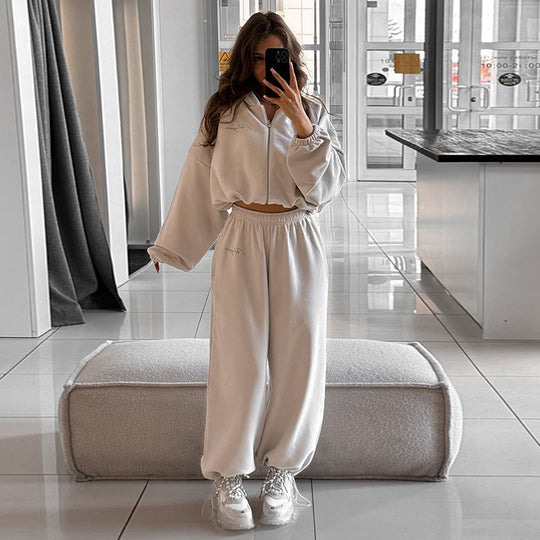 Damen lässiges Cropped Sweatshirt und Jogginghose Set EB