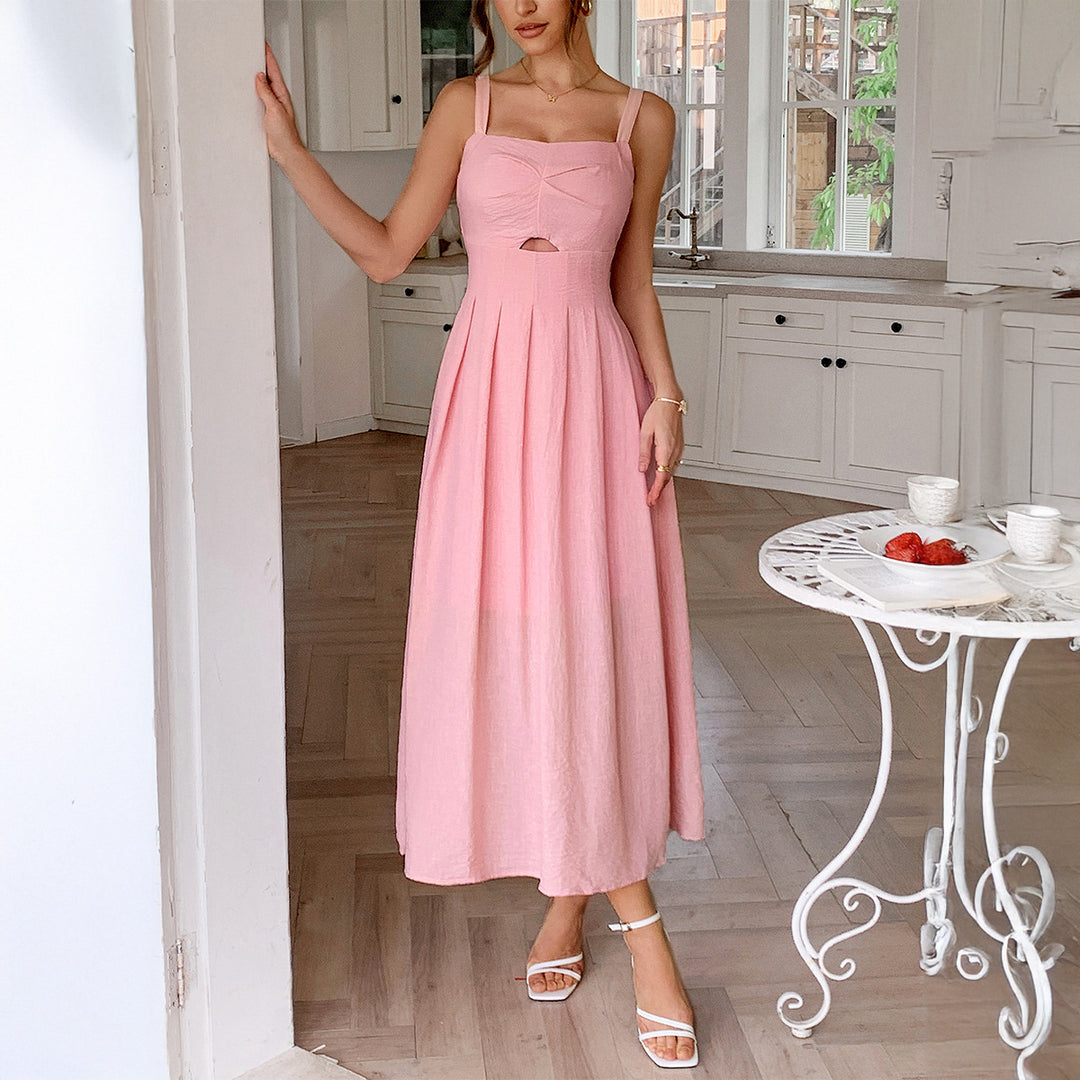 Damen Knielanges Leinenkleid mit ausgestelltem Rock und V-Ausschnitt EB