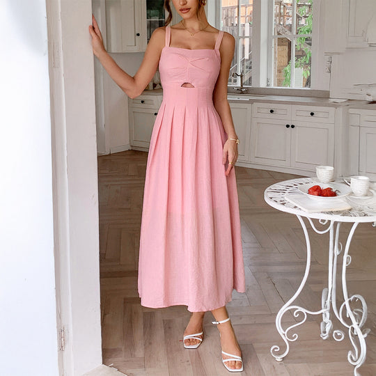 Damen Knielanges Leinenkleid mit ausgestelltem Rock und V-Ausschnitt EB