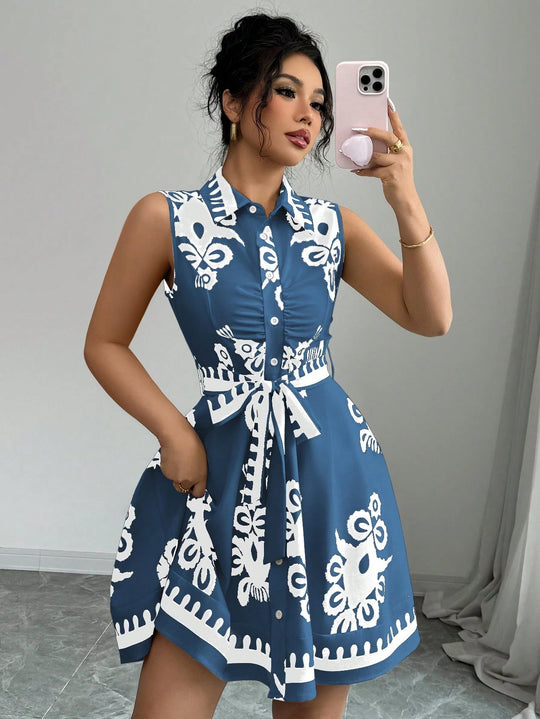 Damen Hemdblusenkleid mit tailliertem Schnitt und dekorativem Bindegürtel EB