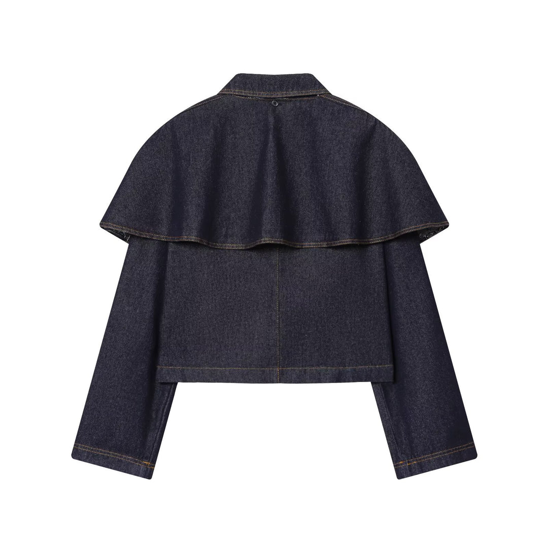 Damen nan cropped Jeansjacke mit Cape-Überwurf, Druckknopfverschluss und aufgesetzten Taschen EB
