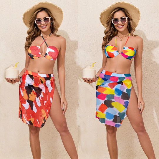 Damen Bunt bedrucktes Bikini-Set mit luftigem Überrock EB
