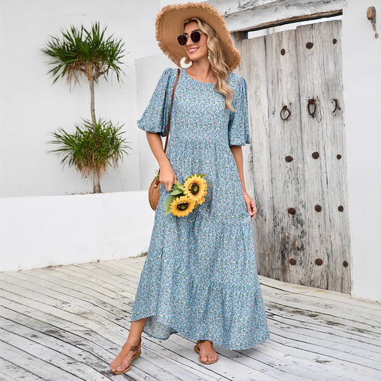 Damen Maxikleid mit Puffärmeln und voluminösem Saum EB