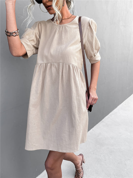 Damen lässiges Kurzarmkleid mit elastischem Bund und voluminösen Ärmeln EB