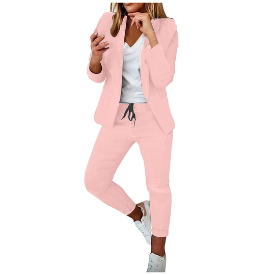 Damen nan lässiges Hosenanzug-Set mit Joggerhose, Kordelzug und tailliertem Blazer EB