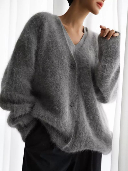 Damen gemütlicher Strickcardigan mit weichem Flauschmaterial und modischem Knopfdetail EB