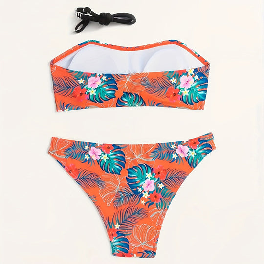 Damen Bandeau-Bikini mit tropischem Muster und elastischem Unterteil EB