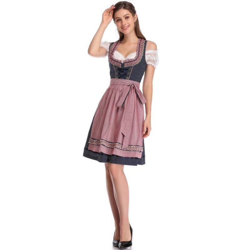 Damen nan traditionelles Dirndlkleid mit Herzausschnitt, korsettähnlicher Schnürung und kariertem Schürzenrock EB