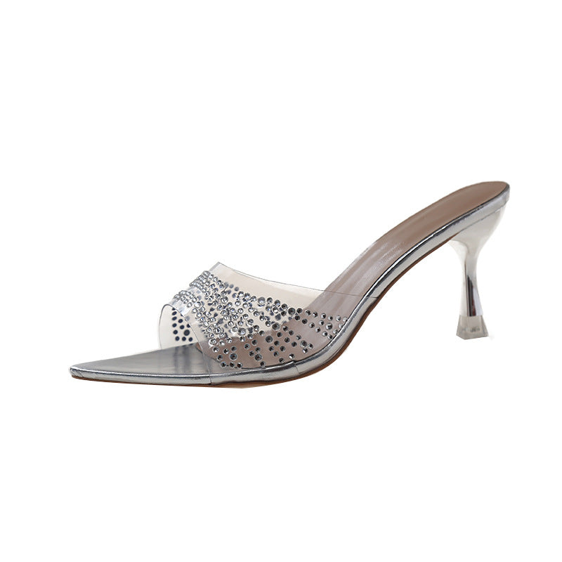 Damen Glamouröse High Heel Mules mit transparentem Riemen und funkelnden Akzenten EB