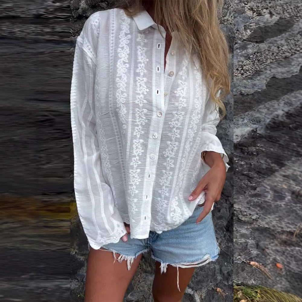 Damen elegante gestickte Bluse mit Knopfleiste und langen Ärmeln Heidi-Mode