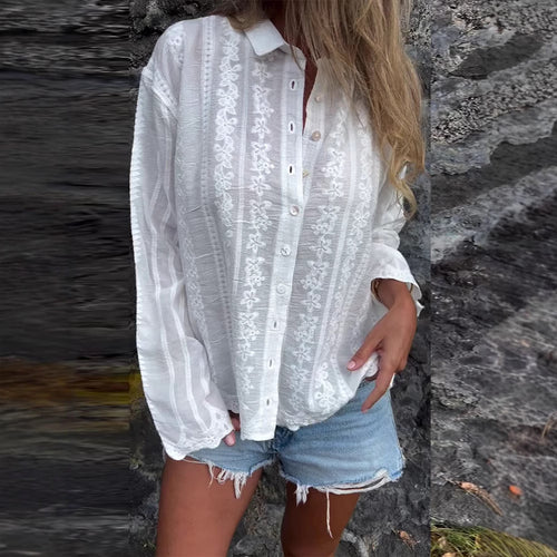 Damen elegante gestickte Bluse mit Knopfleiste und langen Ärmeln Heidi-Mode