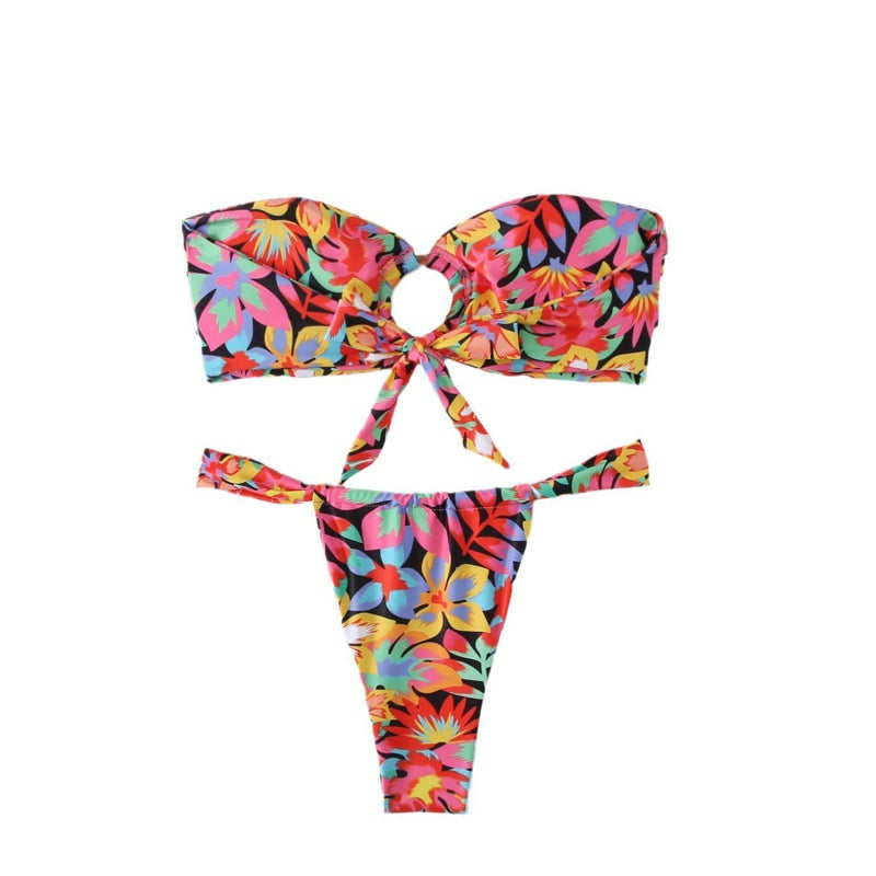 Damen Bandeau Bikini mit kreativem Raffungseffekt und verspieltem Design EB