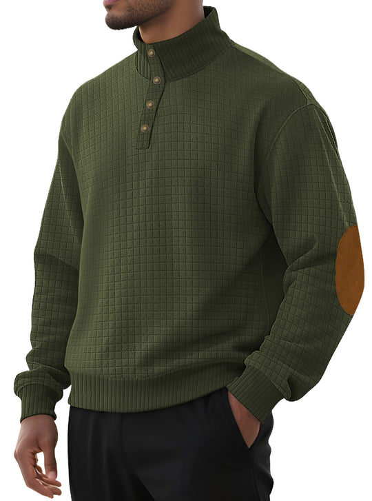 Herren nan kariertes Stepp-Sweatshirt mit Henley-Blende hohem Stehkragen und Velours-Ellenbogenpatch EB